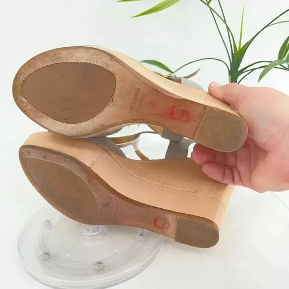 Pomme D'or Sandals Women's Size 39 8 Blue Gray Leather T-Strap Platform Wedge - Picture 12 of 16